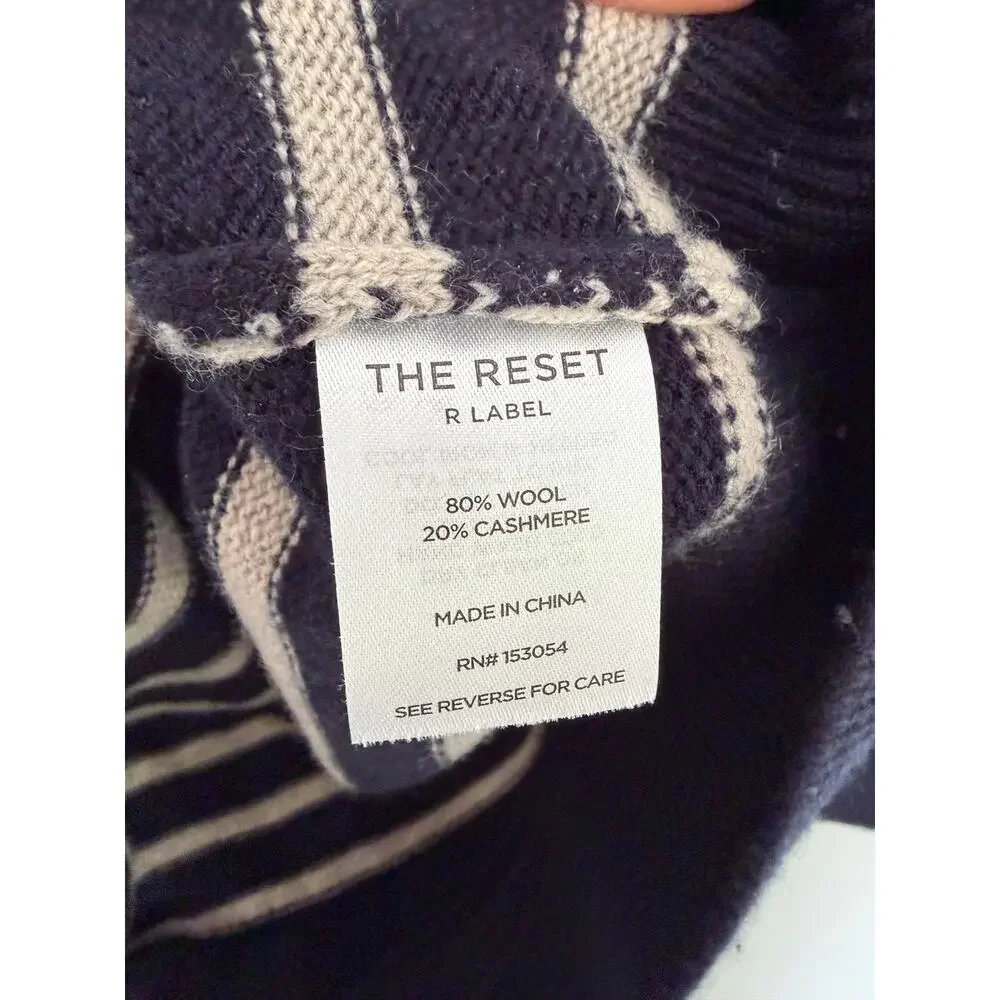 THE RESET 'R LABEL' Women's Wool Cashmere Blend Striped Mock Neck Sweater Navy